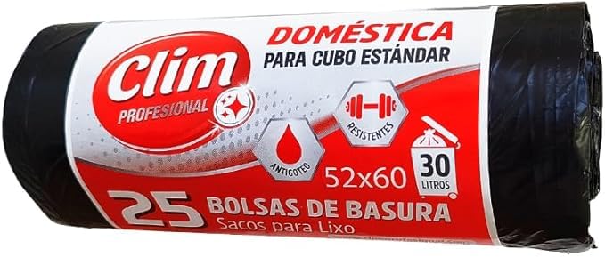 Clim Profesional 25 Bolsas de Basura Domésticas. Capacidad 30 Litros y Medida 52x60 cm. Sistema Antigoteo para Cubos Domésticos. Rollo de 25 uds