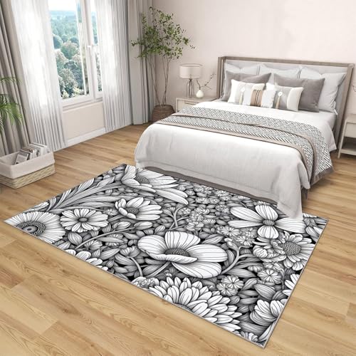 Tapis lavable en machine antidérapant fleurs complexes noir - 4