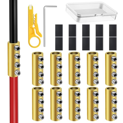 10Pcs 6 Gauge Wire Connectors, 80A Wire Splice Connectors 6AWG Quick Connect Wire Nuts Connectors with 10Pcs Heat Shrink Tubes, Mini Wire Stripper, Screws, Wrench Battery Cable Terminal Connectors