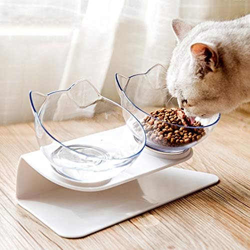 Cat Raised Stand Double Transparent Plastic Bowl,Pet Feeding Bowl | Pet Food Water Feeder Bowl for Cats and Dogs ，Cute Cat Face Double Bowl 15 Degree Tilted Design Neck Guard (Double Bowl)