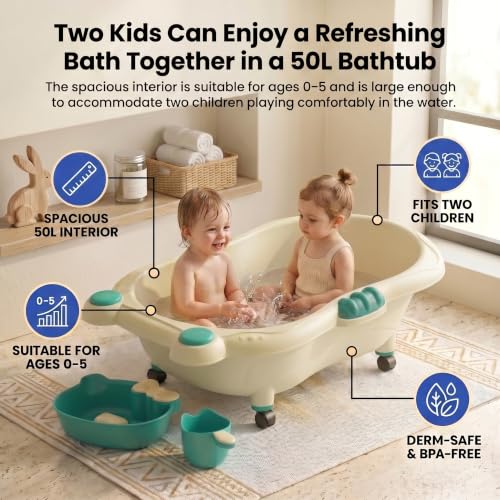 Image of StarAndDaisy AquaNest Baby Bath Tub for Newborn to 5 Years with Ergonomic Baby Bather Seat, 360 Wheels, Bathing Tray & Mug, BPA-Free Kids Bathtub with Drain Plug & Rolling Base