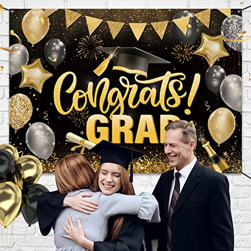 Croar Class Of 2023 Congrats Grad Backdrop Banner Decoration 7 X 5 Ft, Graduation Cap Balloon Black Gold Photography Background Sign Decor, Classroom School Photo Booth Props Graduate Party Supplies #TOP6