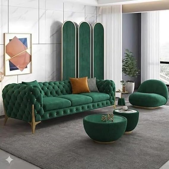 Image of A to Z Furniture Modern Classic Fabric & Valvet Tufted Chesterfield Sofa Living Room and Office (3+1= 4 Seater Sofa Set with Footrest Dark Green)