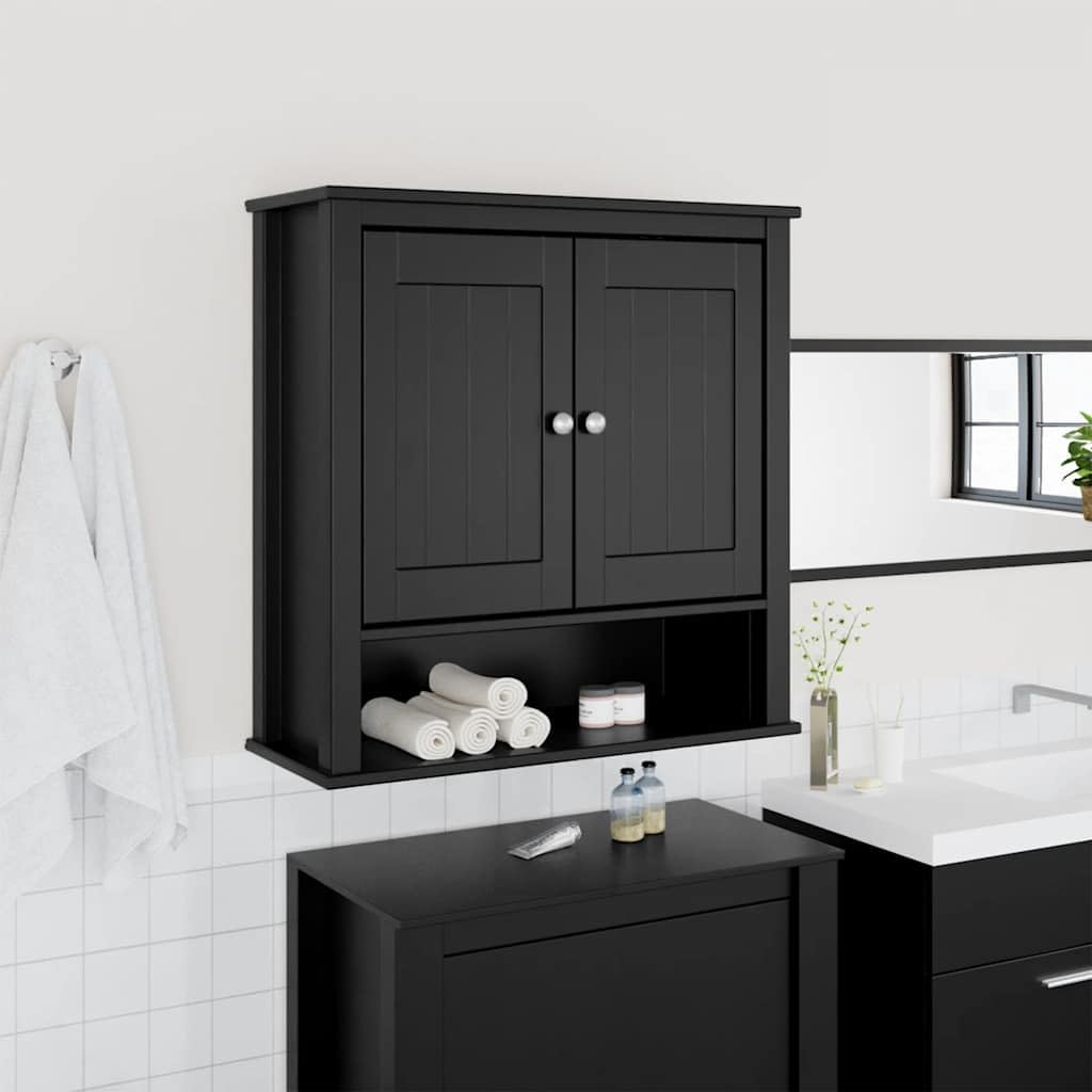Szafka ścienna Berg czarna z litego drewna sosnowego, 69,5 x 27 x 71,5 cm, 2 drzwi, 3 półki, montaż ścienny do łazienki, przechowywanie i porządek, miejsce do przechowywania