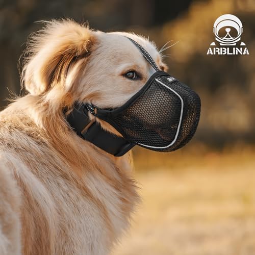Arblina Hund Maulkorb, Weiches Netz Atmungsaktiv Maulkorb für Kleine, Mittlere, Große Hunde, Anti-Rutsch Verstellbar Maulkörbe mit DREI Riemen & Licht-Reflektierende Einfädeln, Schwarz, XS
