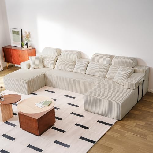 Image of HOMRELEXA 141'' Cloud Sectional Couch with High Backrest, Convertible U-Shaped Modular Sectional Sofa with Deep Seat, Soft Corduroy Upholstery, Boneless Couches Comfortable for Living Room(Beige)