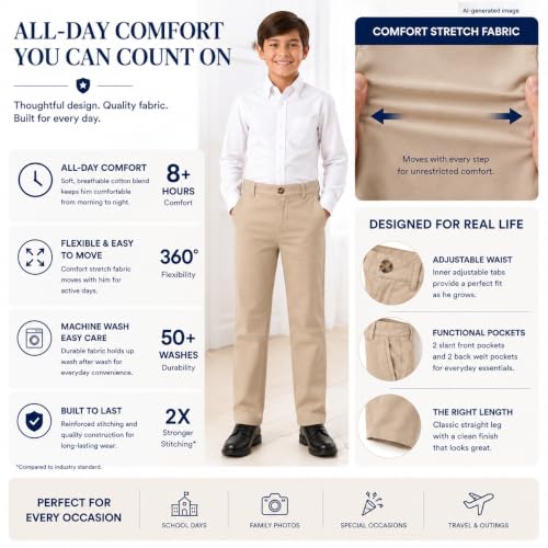 Image of Bienzoe Boys School Uniform Pants: Adjustable Waist Flat Front | Students Ages 6-13, Classroom Days, Picture Day, Awards, Open House, Chapel, Family Events, Lean-To-Regular Builds, Neat Look