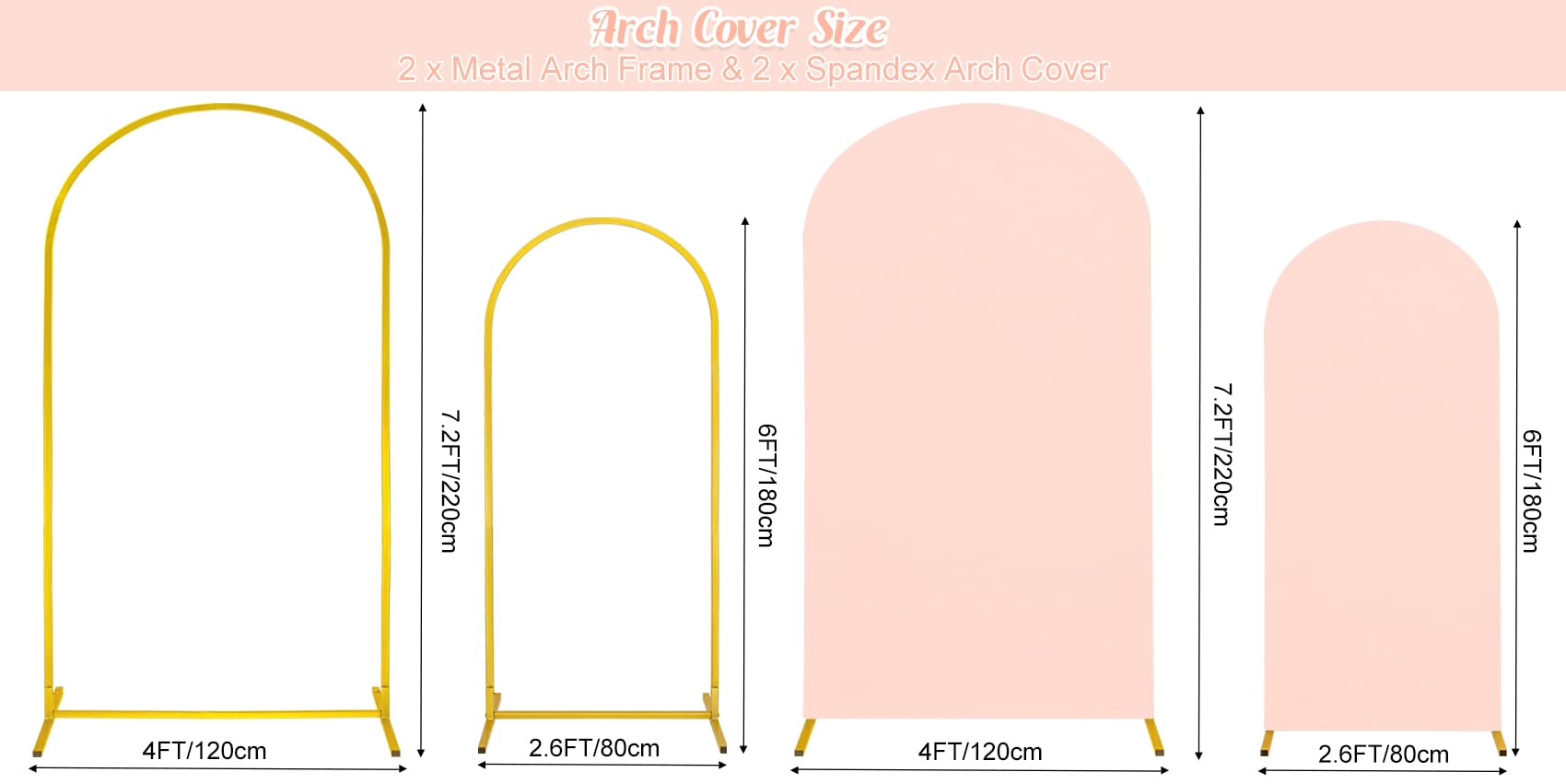 7.2FT, 6FT Wedding Arch Stand and Matching Light Pink Spandex Fitted Arch Backdrop Cover Set, Round Top Chiara Backdrop Stands and Covers for Birthday Party Baby Shower Banquet Decor (Light Pink)