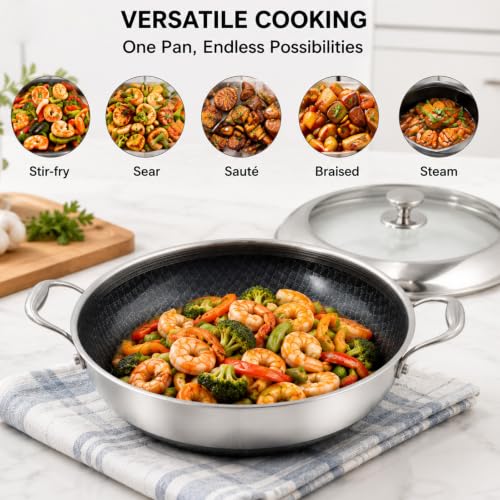 Image of DELARLO 14 Inch Stainless Steel Nonstick Wok Pan with Lid 6Qt Pot