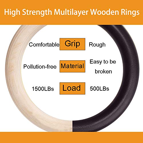 image for Kdpranky Wood Gymnastics Rings 1500lbs Calisthenics Equipment with 15f