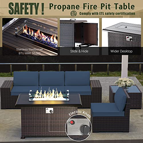 Rtdtd Outdoor Patio Furniture Set With Propane Fire Pit Table, 13 Pieces Outdoor Furniture Patio Sectional Sofa Conversation Sets W/Etl Approved 43" Gas Outdoor Fire Table & Coffee Table(Dark Blue) #TOP3