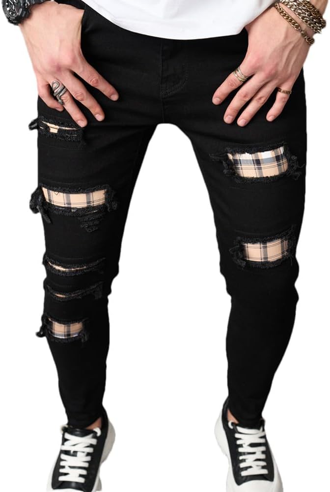 Men’s Slim Fit Stretch Jeans Ripped Skinny Jeans for Men, Distressed Straight Leg Streetwear Comfort Male Pants