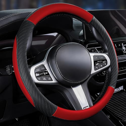 Car Steering Wheel Cover Leather - Soft Microfiber Steering Wheel Cover Universal Size M 37-38cm /14.5-15inch Anti-slip Breathable Red