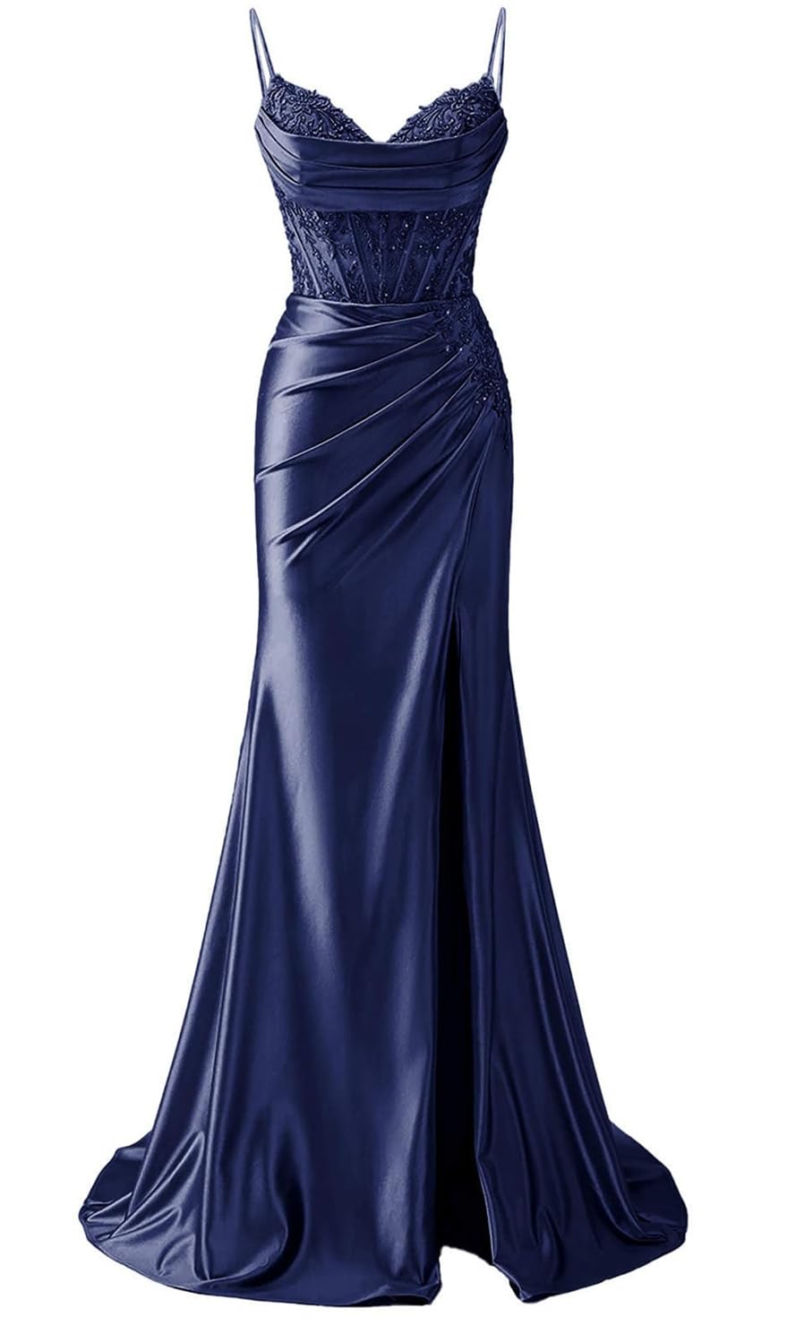 Yiann Women's Navy Blue Satin Prom Dresses With Slit For Lace Applique Formal Dress Mermaid Evening Gown Uk22
