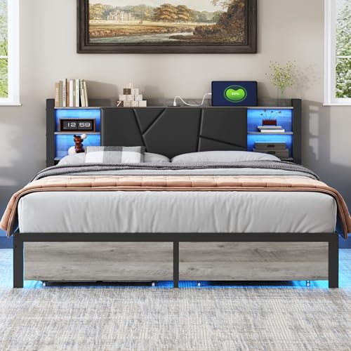 Cama 160x200 con LED y Puerto USB, Camas Matrimoniales con 2 Cajones y Cabecero de Almacenamiento, Camas Juvenils, Marco de Cama Doble con somier de láminas de Metal, PU (Negro 2, 160 x 200 cm)