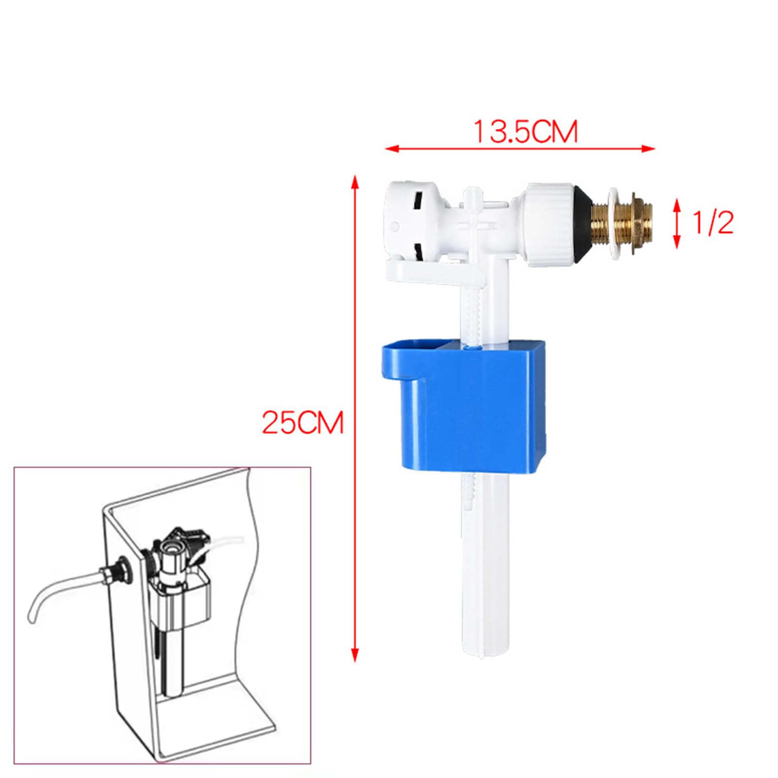 Válvula de relleno universal, válvula de flotador, rosca G1/2 para entrada de agua, 25 x 13,5 cm, accesorios para cisterna de descarga, flotador, adecuado para cisternas de descarga