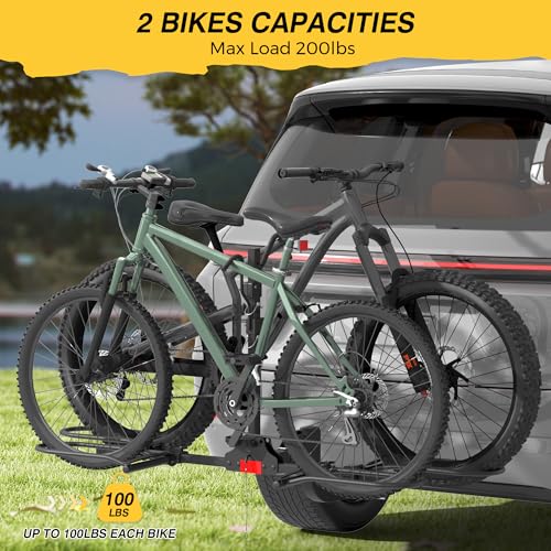 YARYEBE Hitch Bike Rack,Wobble Free Smart Tilting Folding Bicycle Car Racks for Standard,Fat Tire Ebike Rack for Tow Hitch, 2-Bike 200 lbs Capacity, Fit 2 inch Receiver
