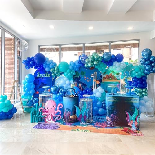 Image of Blue Balloon Garland Arch Kit, 112 Pcs Pastel Baby Light Blue Royal Blue Slate Teal Blue Turquoise Metallic Green Under the Sea Balloon Arch Kit for Boys Ocean Birthday Baby Shower Party Decorations
