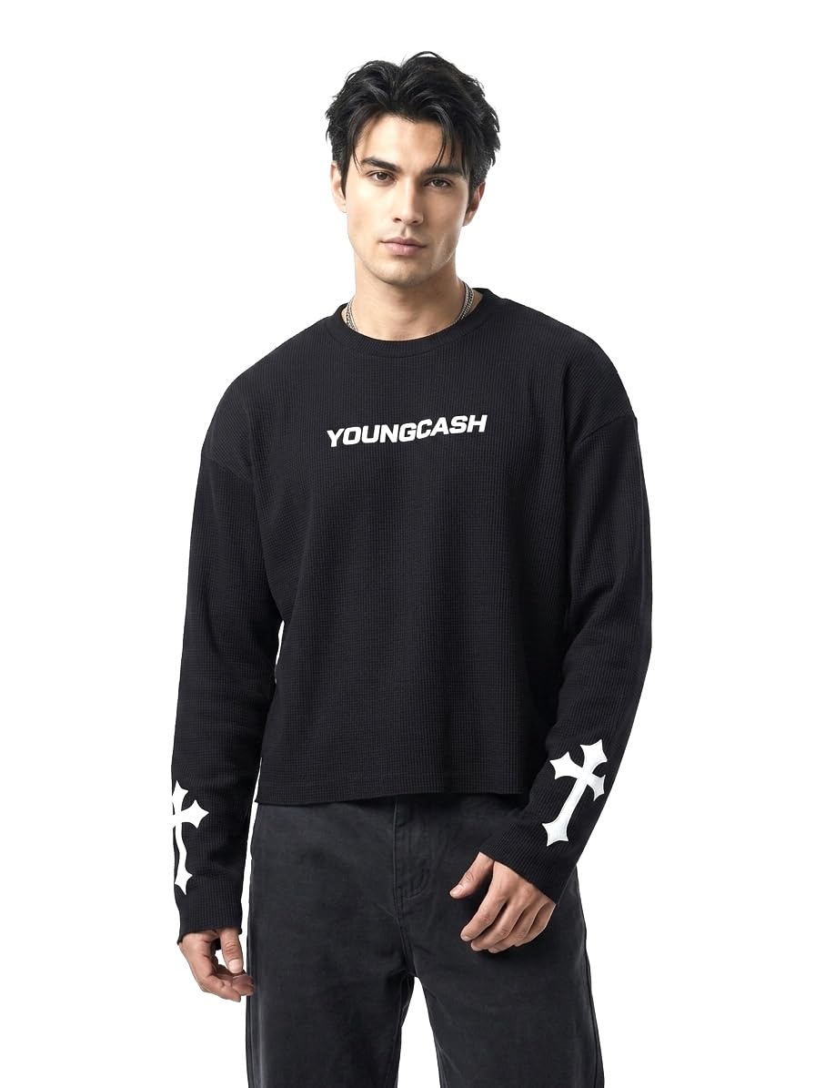YoungCash Men's Black Waffle Knit Cropped Long Sleeve T-Shirt - Image 1