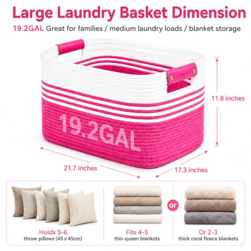 Image of 19.2GAL Sturdy Large Laundry Basket with Handles for Dirty Clothes, Portable Aesthetic Boho Cute Woven Storage Blanket Baskets for Living Room Decor and throws pillows Kids Toys Bath Towle Hot Pink