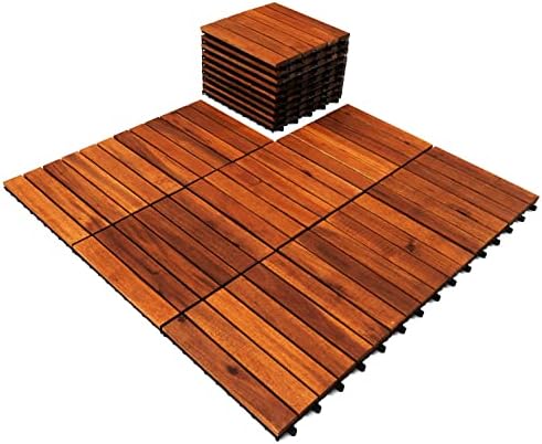 YAMAZING 12”x12” Solid Wood Interlocking Flooring Tiles (Pack of 9), Acacia Hardwood Deck Tiles,Floor Tiles for Both Indoor & Outdoor Use, Waterproof All Weather, 6 Slat (9 Sq Ft))