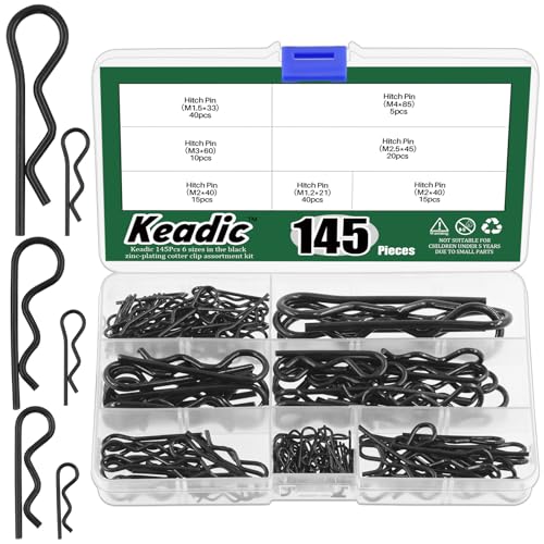 Keadic 145 Pcs Heavy Duty Hitch Pins Clip Kit , R Clip Stainless Steel Cotter Pins in 7 Size,Hair Cotter Pin Iron Black Zinc,Spring Fasteners Hitch Pin for Dolly Pins/Trailer Pin Clips Replacement