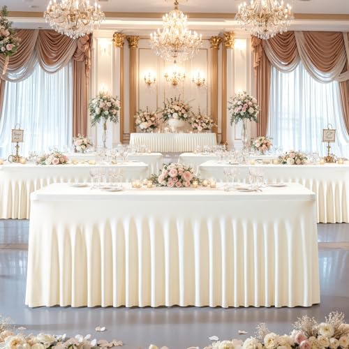 Image of Besutolife Ivory Table Skirt 8ft Spandex Tablecloth for Rectangle Table Banquets Parties Wedding Dining Table 8ft
