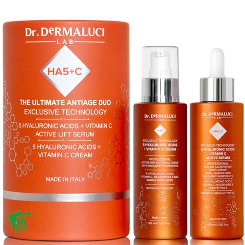 Cofre Regalo Mujer/Hombre BIO | Hidrata, Rellena & Ilumina | 5 Acidos Hialuronicos, Hexapeptido & Vitamina C | Serum & Crema Facial (2x100ML) | Pieles Secas/Maduras/Sensibles | AIAB, Made in Italy