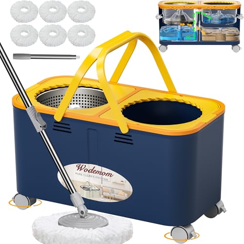 Wodemom Wischmopp und Eimer mit Auswringer-Set für Zuhause, Spin Mop und Eimer Separates sauberes und schmutziges Wasser, Mops für die Bodenreinigung mit 360°-Schwenkrädern & 6 wiederverwendbaren
