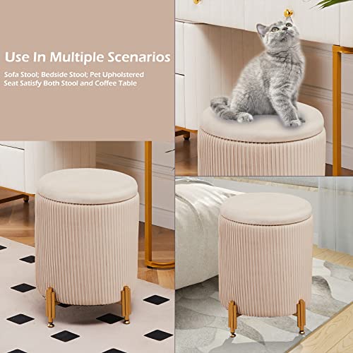 Mxfurhawa Round Ottoman Foot Stool with Storage and Metal Legs for Living Room Bedroom, Velvet Upholstered Footrest Stool Support 300lbs Modern Padded Seat Ottoman Coffee Table (Beige)