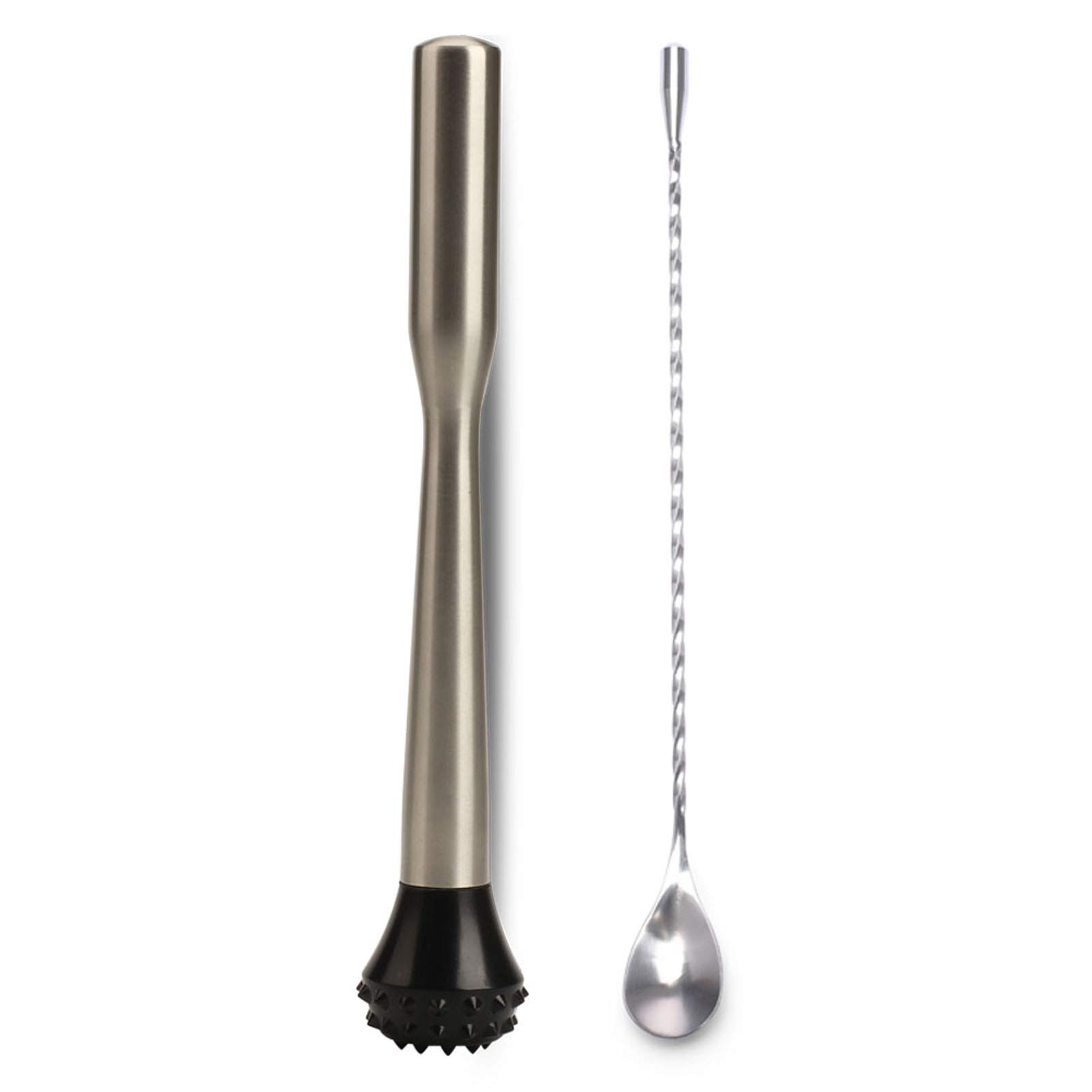 Stainless Steel Cocktail Muddler, Bar Muddler with 1 Cocktail Mixing Spoon, Cocktail Muddler for Home Kitchens, Bars, and Restaurants