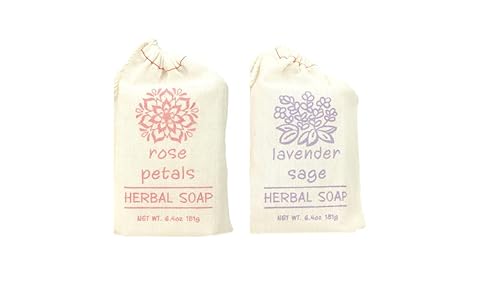 Greenwich Bay Trading Juego de 2 jabones de hierbas, lavanda salvia y pétalo de rosa, barras de 6.4 onzas envueltas en sacos de tela con cordón,