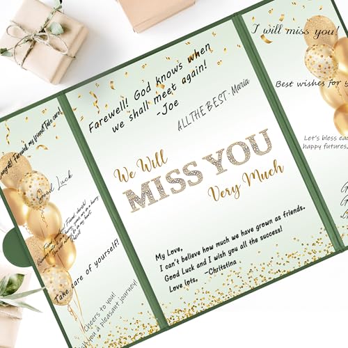 Image of DARUNAXY Green Gold Farewell Party Decorations for Women, We Will Miss You Very Much Alternative Signature Guest Book Girls Going Away Gifts Signing Card Board for Retirement Graduation Party Supplies