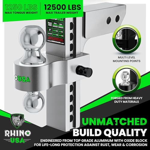 Image of Rhino USA Adjustable Trailer Hitch (Fits 2-Inch Receiver)-Heavy Duty Aluminum Tow Hitches with 10-Inch Drop /Rise for Truck (12,500 LBS GTW) - Weatherproof Double Anti-Theft Locking Hitch Pins (Silver)