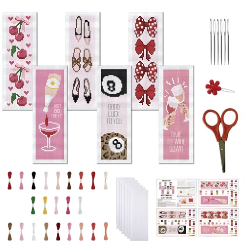 Image of FREEBLOSS 6 Set Cross Stitch Bookmark Kit for Adult Beginners Stamped Cross Stitch Kits Women's Theme Embroidery Bookmarks Craft Kit with Instructions for Gift 11CT 8 inchx2.4 inch