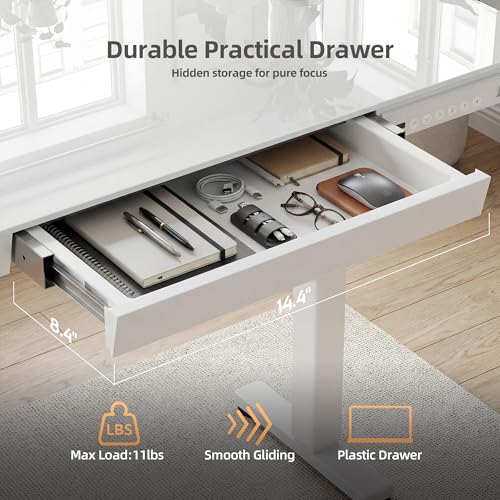 Image of INNOVAR 32 inch Small Glass Standing Desk with Drawers & USB Ports, Whole-Piece Glass Top Adjustable Height Desks, Quick-Install Electric Sit-Stand Up Desk for Home Office & Computer Workstation, White