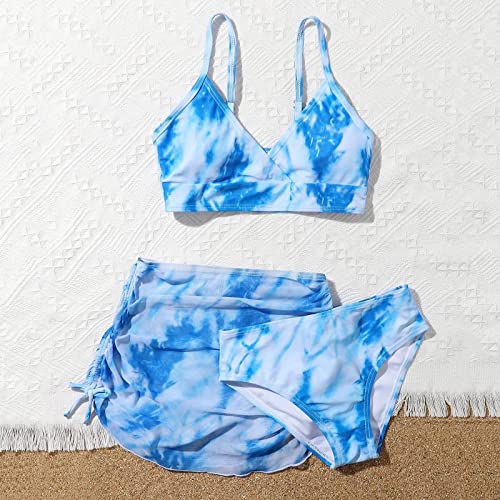 Girls Swimsuit 3-Piece Bikini Set Big Kids Color-Block High Waisted Bottom Swimwear with Drawstring Quick Dry Cover Up4