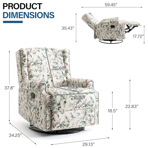Image of Swivel Rocker Recliner Chairs Set of 2, 360 Swivel Wingback Recliner Chairs for Adults, Upholstered Printed Fabric Glider Rocking Chair with High Back, Deep Seat for Living Romm Bedroom, Bird