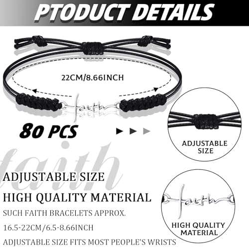 Rtteri 80 Pcs Faith Cross Bracelets Bulk Inspirational Birthday Jewelry Gifts Stainless Steel Hope Charm Adjustable Faith Bracelet Religious Accessories for Women Christian Gifts2