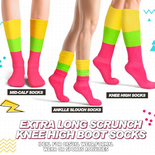Neon Slouch Socks,80s 90s Neon Women's Leg Warmers Extra Long Slouch Socks Soft Scrunch Knee High Sock for Neon Party(Rose, Neon Green, Neon Yellow)4