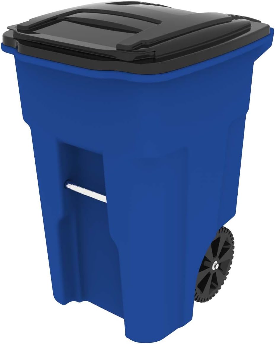 Toter 025548-R1705 Residential Heavy Duty Two Wheeled Trash Can with Attached Lid, 48 Gallon, Blue