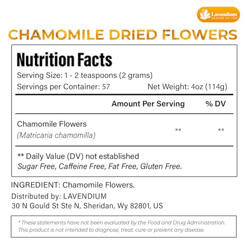Image of Lavendium, Premium 4oz Dried Chamomile Flowers, 100% Natural & Pure Whole Chamomile Blossoms, No Additives or Preservatives, Non-GMO, Plant-Based & Vegan, Perfect for Herbal Tea & Infusions