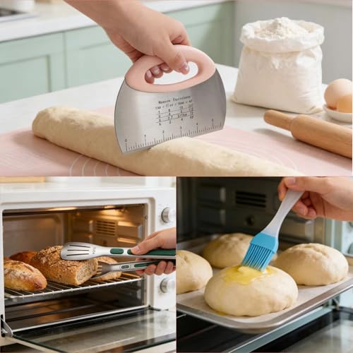 SITAKEGS Teigschneider, 4 Pack Teigschaber mit ausgehöhlter Edelstahl-Messskala, Teigschaber Lebensmittelzange Ölpinsel-Set, Arbeitstischschaber Küchenhelfer für Pizza, Kuchen, Brot, Gebäck, Torten