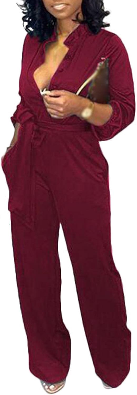 Sexyshine Women's Casual Long Sleeve Button Down Jumpsuit Romper Overalls
