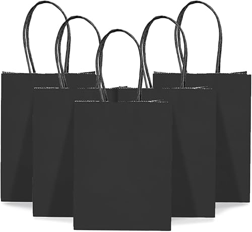 DjinnGlory Paquete de 60 mini bolsas de papel negro para regalos de fiesta con asas a granel de 6.3 x 4.7 x 2.75 pulgadas para regalos de