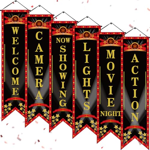 Image of Tegeme 6 Pcs Movie Night Porch Sign Banner Movie Theme Party Decorations Theater Welcome Now Showing Light Camera Action Hanging Porch Sign for Home Film Backdrop Party Supplies (Black,Classic)