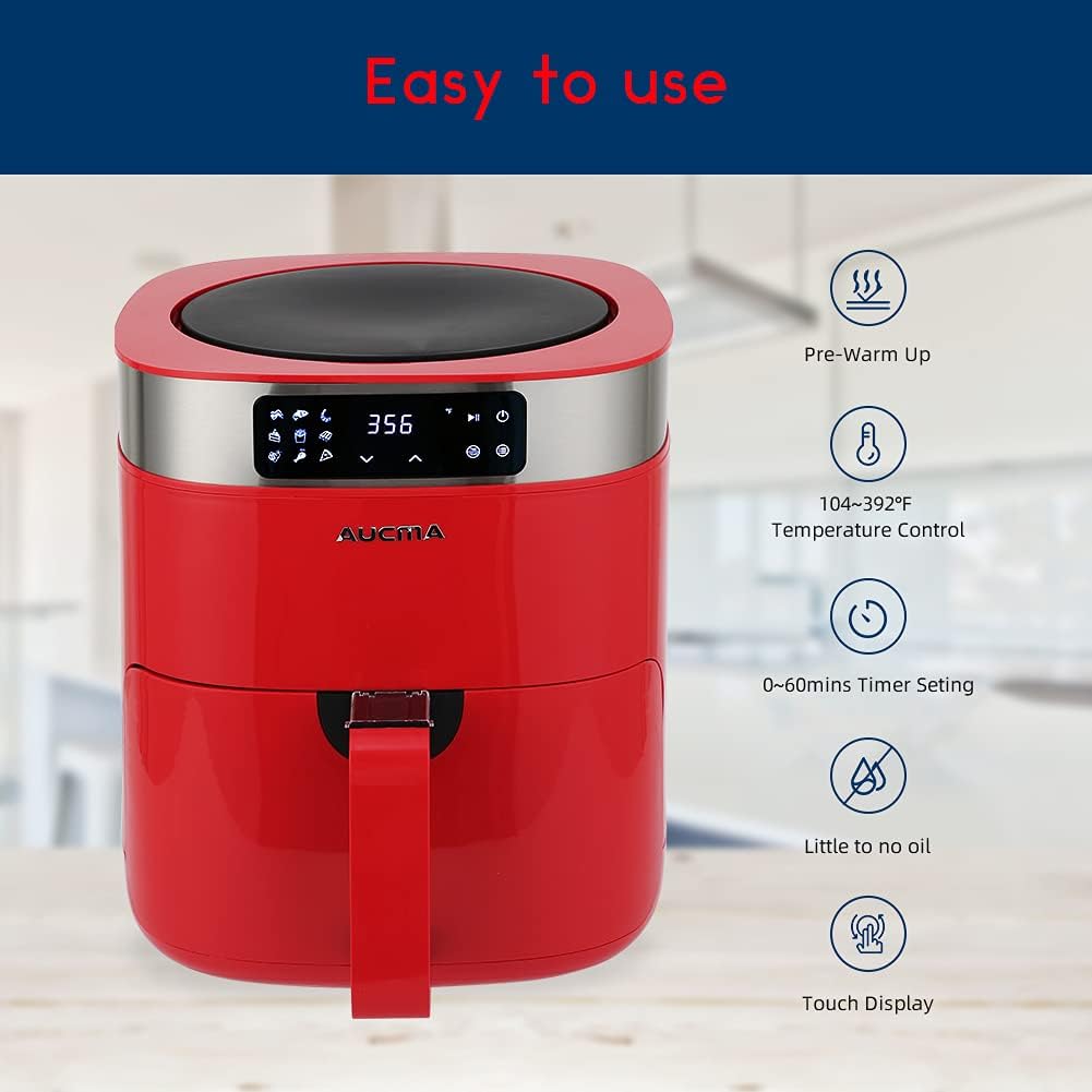 Air fryer display showing easy to use features like pre-warm up, temperature control, timer, little to no oil, and touch display