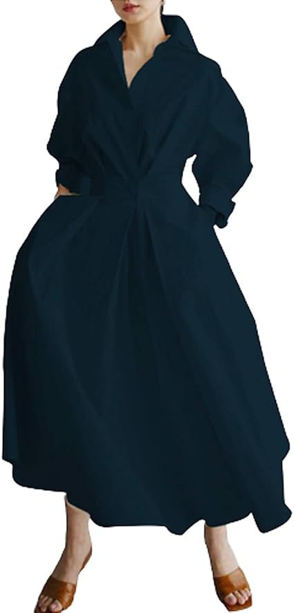Women Maxi Shirt Dress Long Sleeve Button Smocked Waist Long Dress Loose Swing Party Dress with Pockets