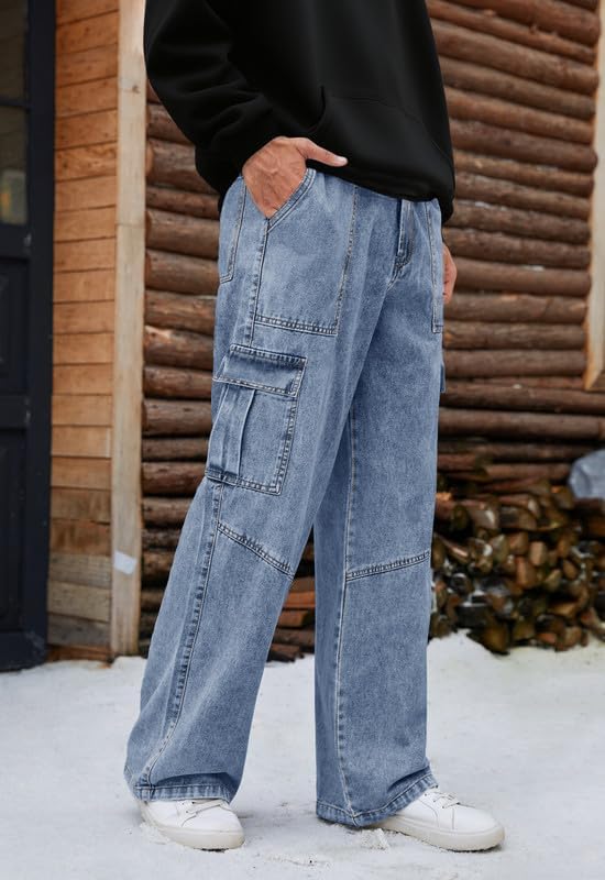 Mens Baggy Cargo Jeans Wide Leg Elastic Waist Jean Loose Fit Casual Denim Utility Pants Streetwear - Image 4