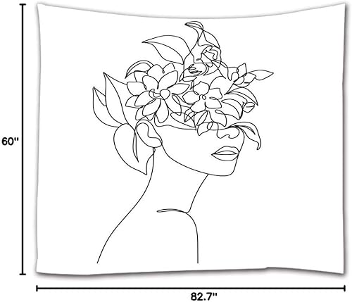 Miniatura 7 de IcosaMro Tapiz blanco y negro para colgar en la pared de dormitorio dobladillos doblados Cara abstracta de mujer con flores, decoración del hogar